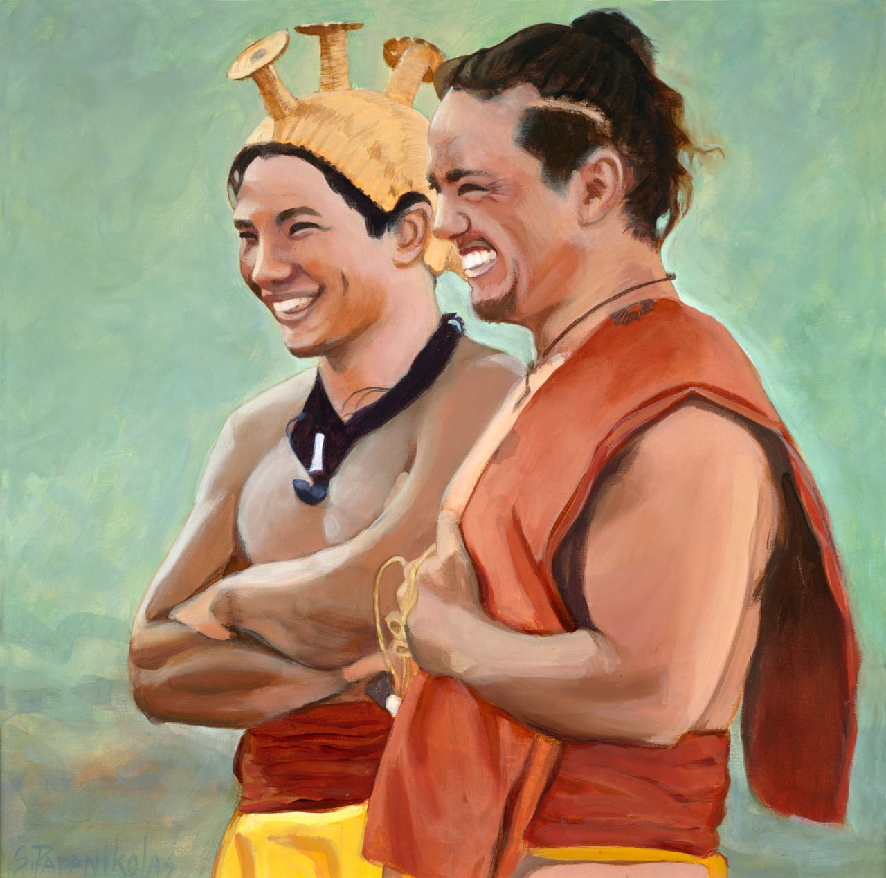 Two men wearing Hawaiian attire looking in the distance and laughing