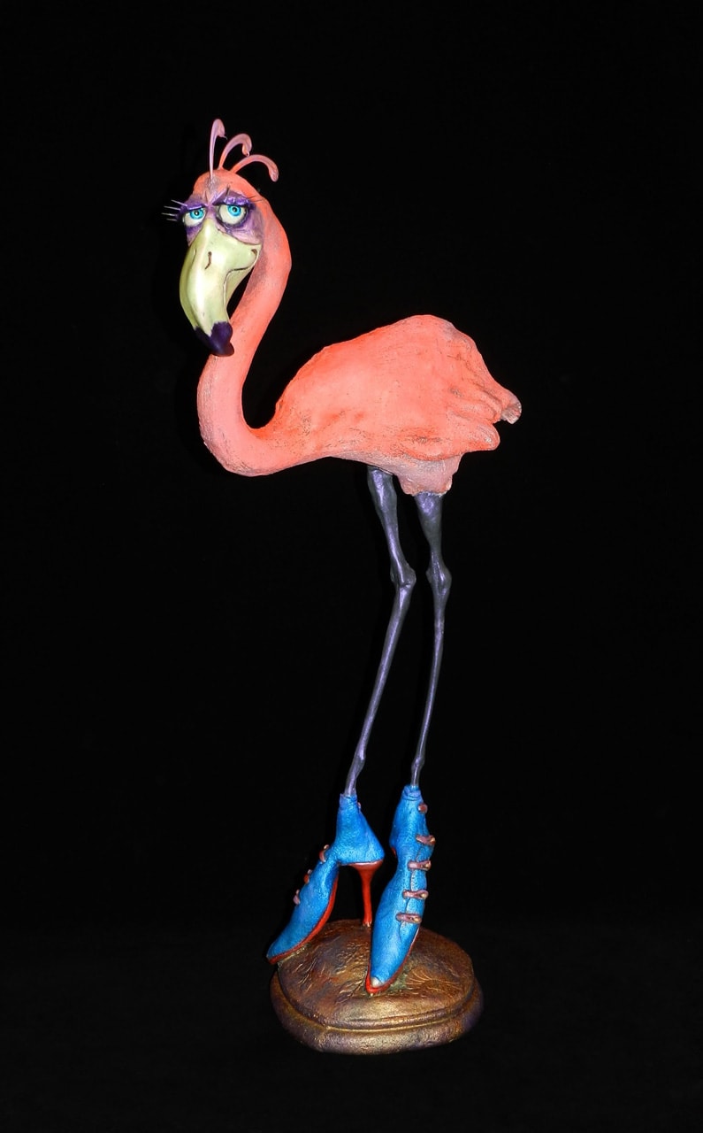 Flamingo by Steven Lee Smeltzer cartoonish whimsical clay sculpture flamingo