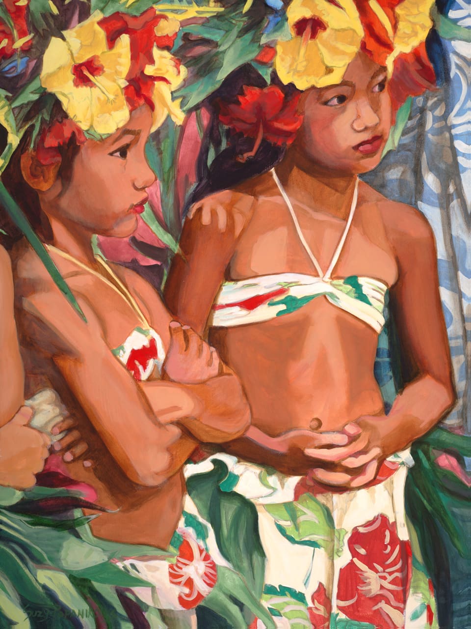 Two young hula dancers looking in the distance with coloful hula attire and yellow and red hibiscus hakus