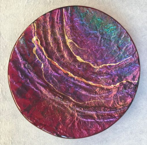 Hawai'i Lava Platter, Round, by Marian Fieldson. Lava flow-molded glass art with 22K gold accents handmade on Hawaii.