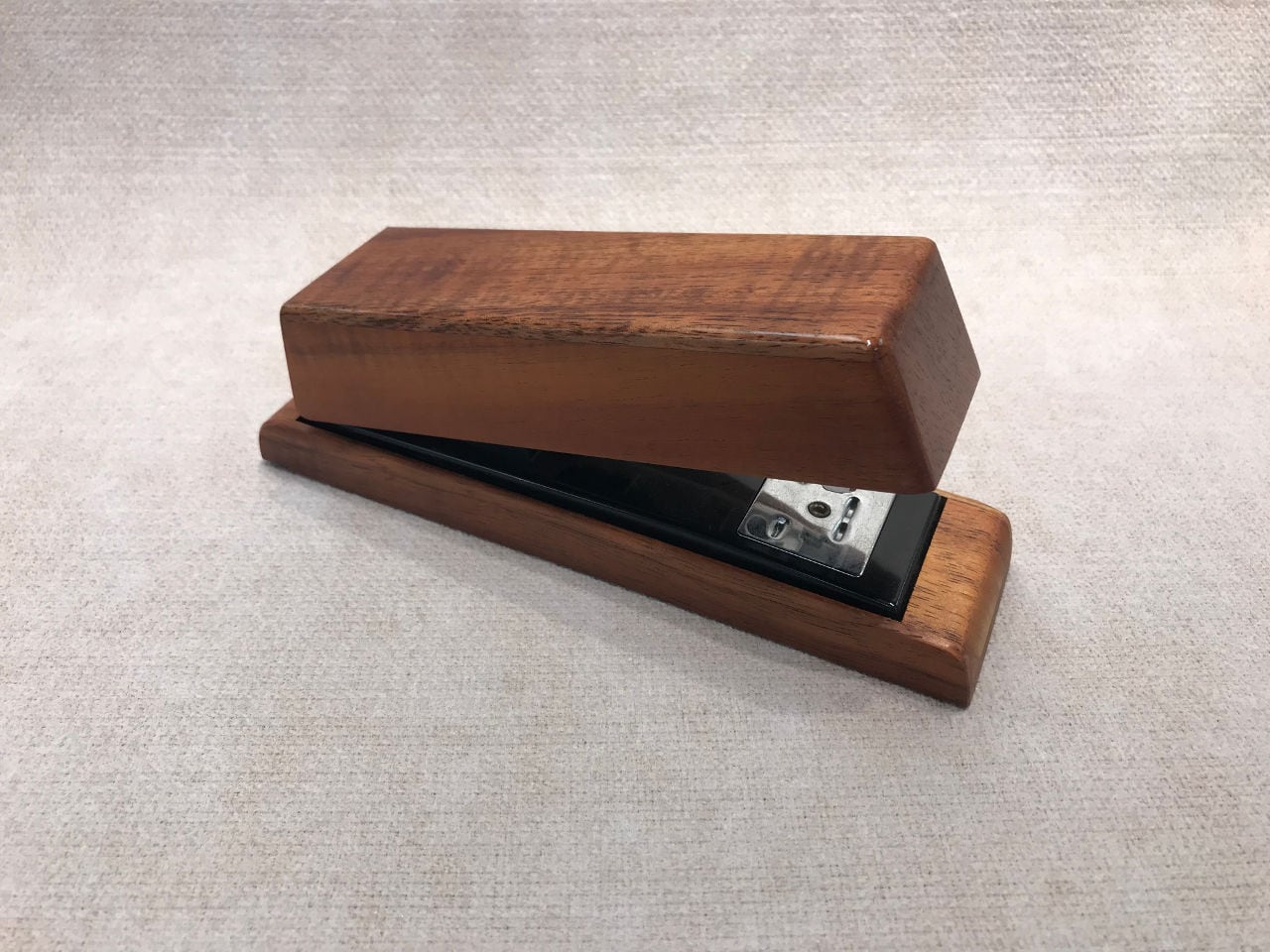 Wood stapler in koa for the desk, handcrafted in Hawaii.