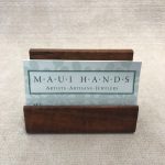 Horizontal wood business card holder in koa for the desk, handcrafted in Hawaii.