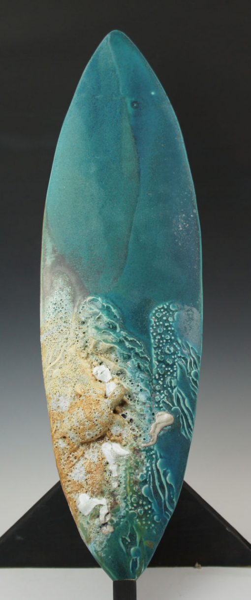 Surfboard Sculpture with Sea Turtles by Lee Oululani Plevney. Ocean-inspired ceramic art handmade on Maui, Hawaii.