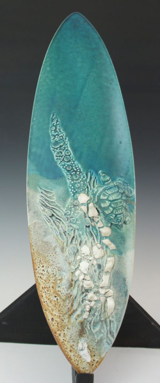 Surfboard Sculpture with Sea Turtles by Lee Oululani Plevney. Ocean-inspired ceramic art handmade on Maui, Hawaii.