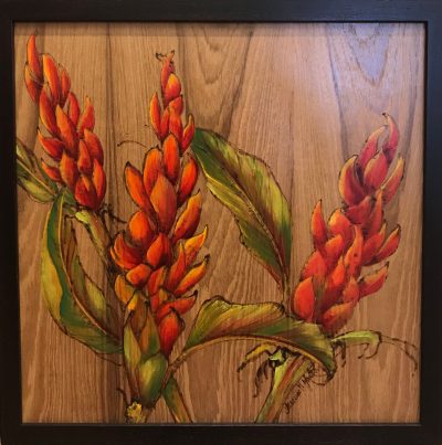 A wood burned and oil painted wood panel of three ginger flowers