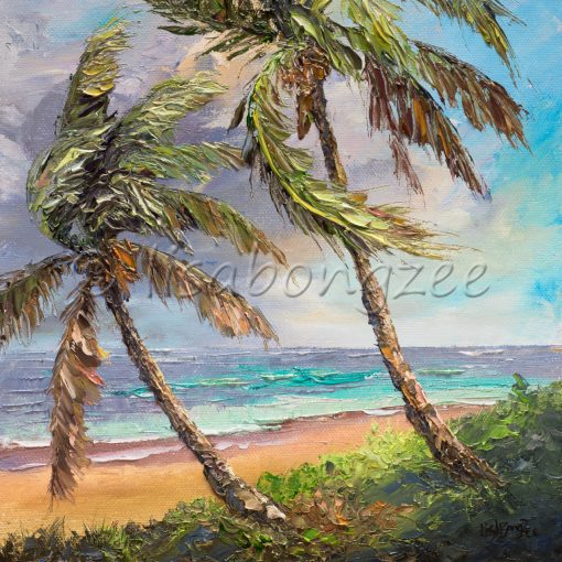 square oil painting of two large palm trees swaying towards the left on the shore of a beach