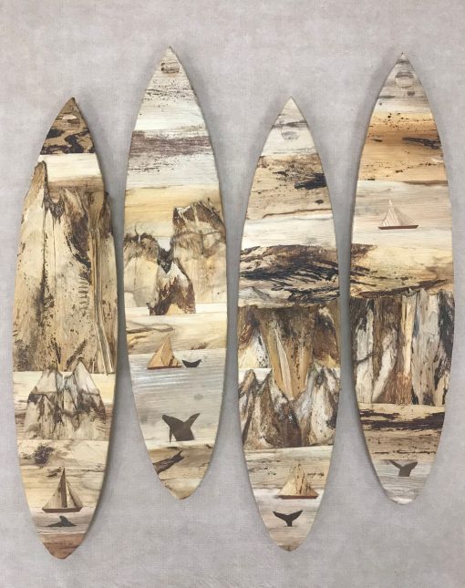 Medium surfboard wall hanging from the mind of Baz Cumberbatch. He carves the background from wood, then adds layers of natural fibers by hand