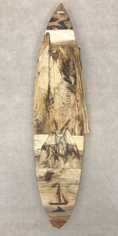 Medium surfboard wall hanging from the mind of Baz Cumberbatch. He carves the background from wood, then adds layers of natural fibers by hand