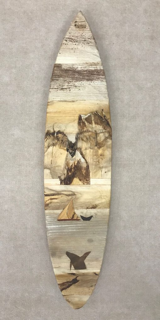Medium surfboard wall hanging from the mind of Baz Cumberbatch. He carves the background from wood, then adds layers of natural fibers by hand