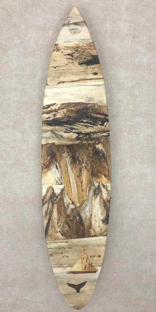 Medium surfboard wall hanging from the mind of Baz Cumberbatch. He carves the background from wood, then adds layers of natural fibers by hand