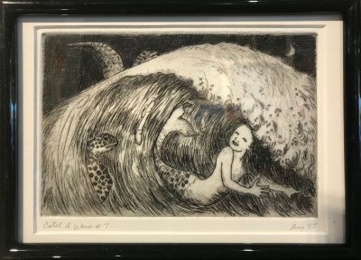 an original print of a mermaid body surfing in a wave