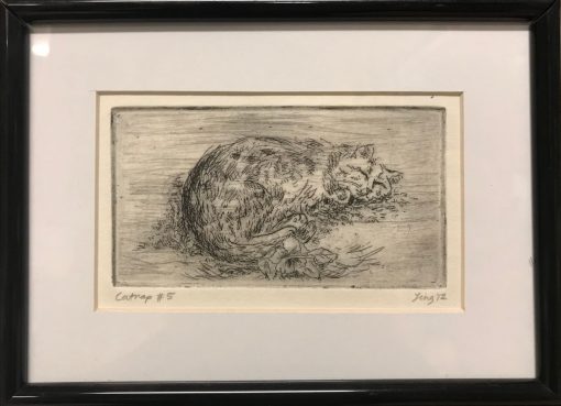 an original print of a cat curled up and napping