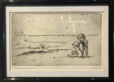 an original print of two kids playing at the edge of the ocean