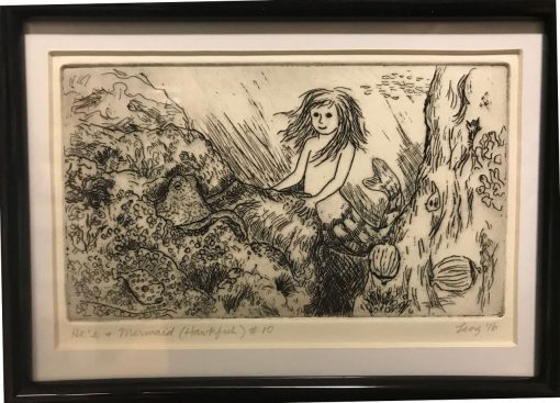 an original print of an underwater scene with a mermaid next to an octopus