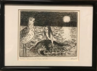 an original print of a Kolea bird on shore with a mermaid facing the bird while in the ocean at night time