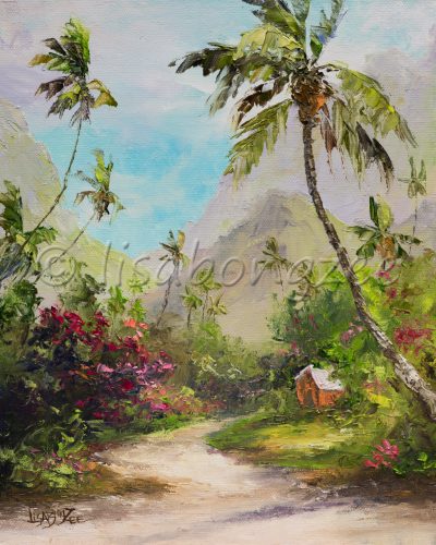 an original oil painting of a dirt road, path, lined with palm trees and other local plants with a house hidden. At the edge of a mountain