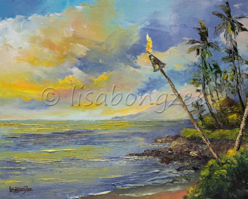 an original oil painting of Napili bay beach at sunset with a torch lighted along the beach. Blue sunset sky with yellow clouds reflecting off a calm ocean.