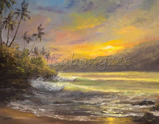 an original oil paining of a sunset view off a beach. Rainbow colored sky that is reflecting off the ocean of a palm tree lined beach. Two waves are rolling on shore.