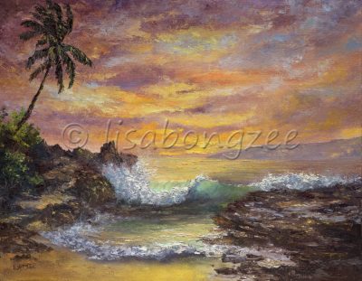 an original oil painting of a perfect sunset view from a rocky beach as a wave crashes on shore. The sky is purple, magenta, orange, yellow and a palm tree is at the left edge