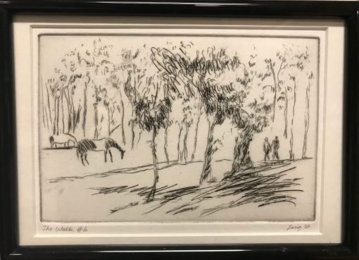 an original print of a pasture looking scene with large trees, horses, and two people walking