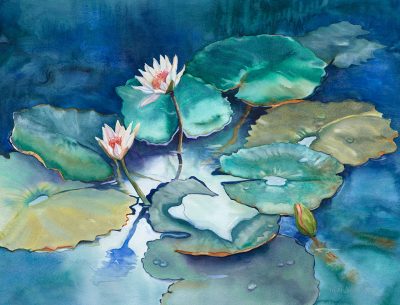 Original watercolor painting of lily pads and flowers by artist Christine Waara