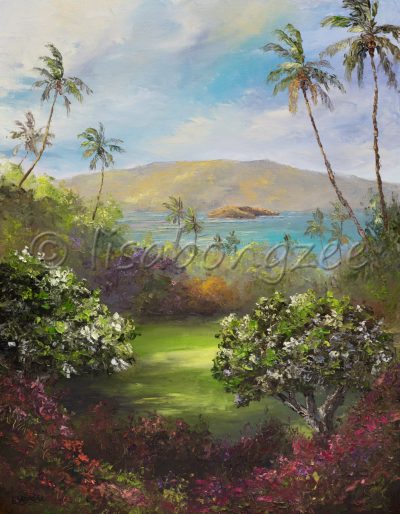 a view of the ocean and an Island in the distance from a shady peaceful spot on Maui. Surrounded by plants and palm trees