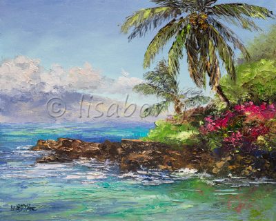 an oil painting of a rock shore meeting the ocean, palm trees at the waters edge, and an island in the distance