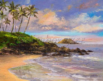 Oil painting of a vibrant sunrise (sunset) off the shores of a beach. Palm trees and rocky shores. Purple, blue, orange cottoncandy skies.