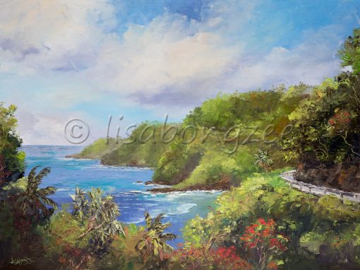 An oil painting of the road to Hana, Maui. Road is visible at the edge of a lush green mountain, and the ocean to the right.