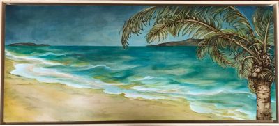 an original oil and wood burned painting of a sea foam colored ocean. A coconut tree in the front and two islands in the distance.