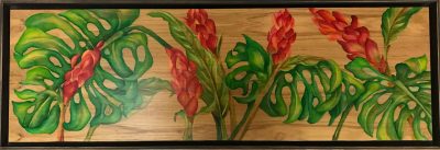 an original oil painting on a wood panel. Horizontal piece. Vibrant ginger flowers surrounded by green monstera leaves