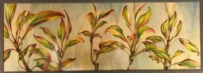 an original oil and woodburned painting. Ti leaf plants made up of the colors, red, pink, yellow, and green. Against a light blue background