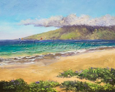 an original oil painting of a calm, vacant beach with green mountains in the distance past the ocean and 5 windsurfers out in the water