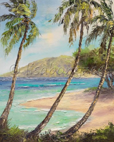 an original oil painting of three palm trees in front of a calm beach with deep, royal, and teal blue waters