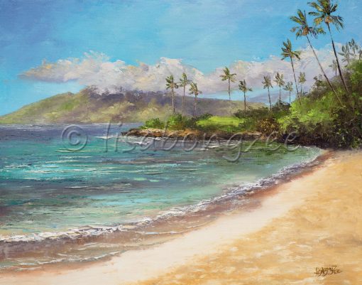 an original oil painting of a seascape. Calm waters with deep blues and teals. An empty beach and palm trees in line the shore. The island of Molokai in the distance.