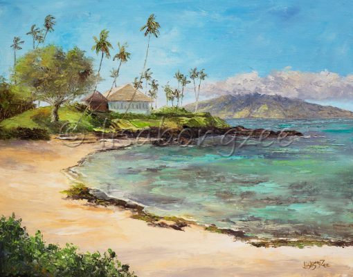 An original oil painting of a crescent moon shaped beach. Smooth tan sand, and a rocky shore. Palm trees in the distance as well as the island of Lana'i