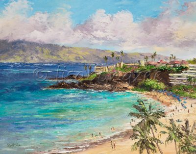 an original oil painting from a high perspective. Black Rock in the distance, with a hotel visible and an island in the distance. Three palm trees in the right corner, with a busy beach visible