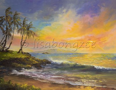 a sunset off the beach in Wailea, Maui. The sky is purple, yellow, orange, pink, and teal. A wave rolls onto shore