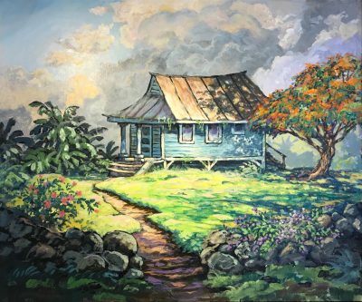 an original acrylic painting. A path is shown leading towards a blue hut-like house. A green, lush yard, with a single Poinciana tree filled with orange flowers.