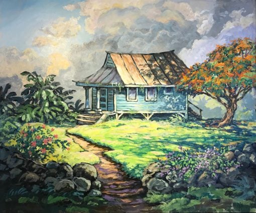 an original acrylic painting. A path is shown leading towards a blue hut-like house. A green, lush yard, with a single Poinciana tree filled with orange flowers.