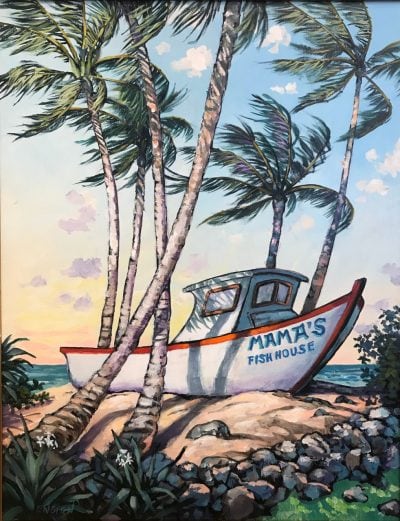 an original acrylic painting. The boat showing Mama's Fish House entrance surrounded by palm trees.