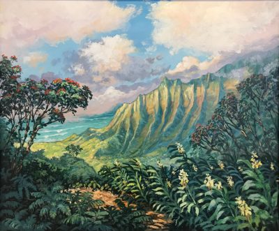 an original acrylic painting. Kalalau on the Island of Kauai is shown from a distance. Plants surround the perspective which the painting is made from. A tree with red flowers is on the far right side. The Kalalau mountain seems to cast a rainbow off its surface. Blue sky with large clouds.