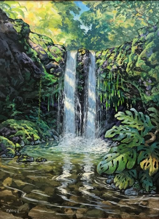 an original acrylic painting. Two waterfalls are shown streaming into the pond off of the same ledge. Various plans including monstera line the pond and the rocks which the waterfall streams off of.