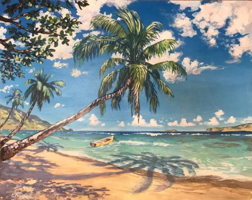 an original acrylic painting. Slanted palm trees cast shadows on an empty beach. A single yellow boat floats in the ocean close to shore. The sky is blue with scattered white clouds.