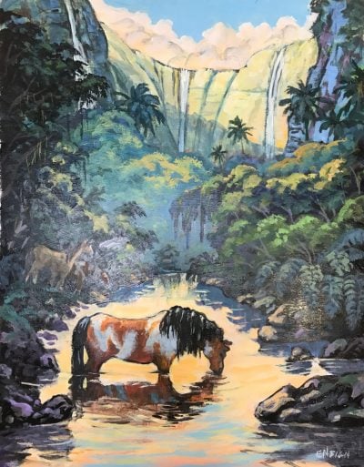 an original acrylic painting. A brown and white horse drinks from a stream made by a waterfall in the distance. The stream reflects gold off the sunset sky.