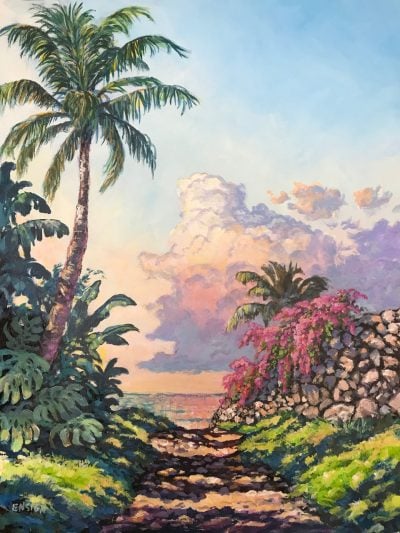 An original oil painting. A single palm tree casts a shadow on a path headed towards a beach at sunset. Monstera plans surround the base of the palm tree. There is a pink colored bush at the other end of the path. Purple, pink, and yellow clouds float above the calm ocean