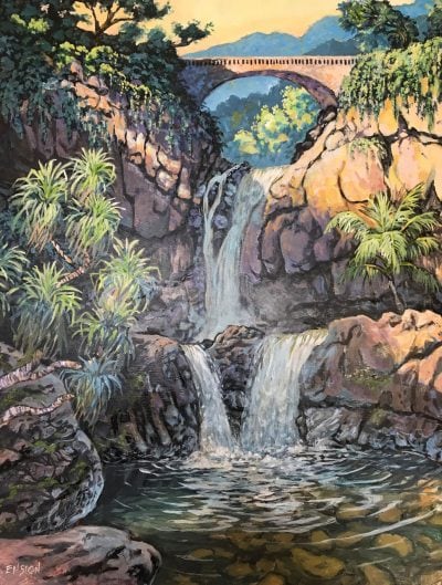 an original oil painting of Oheo Pools, also known as "Seven Sacred Pools" in Hana. Three waterfalls are shown rolling off a cliff made of tan colored rocks. A bridge is at the top and plans are scattered throughout the landscape