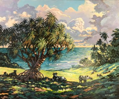 an original acrylic painting. A large Lauhala tree casts a shadow on a field which three cows lay beneath. The ocean is visible in the distance, as well as other trees and plants