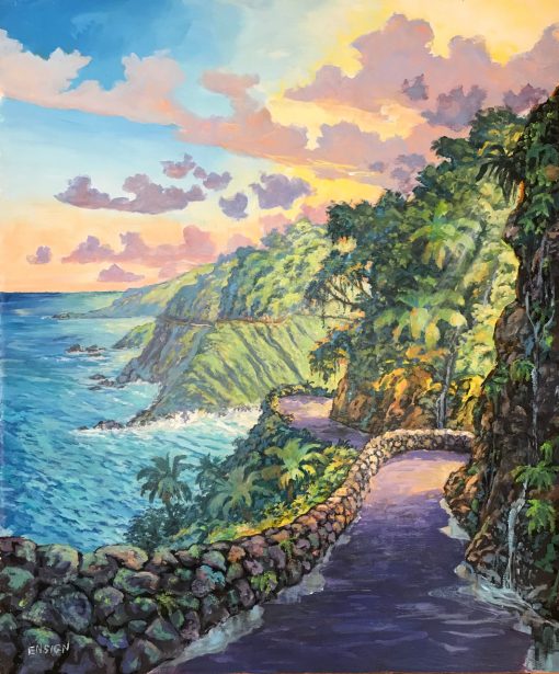 an original acrylic painting. A rock wall lines a windy road. The left side of the painting shows the ocean while the right shows the lush mountains which the road to Hana lines. The clouds are purple and pink and a blue and yellow sky. The Road is purple