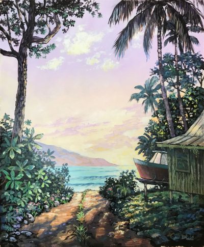 an original acrylic painting. A house near the ocean with a red boat next to it. The ocean is visible in the distance with a path heading there. Trees and plans surround the house. An island is visible beyond the ocean.